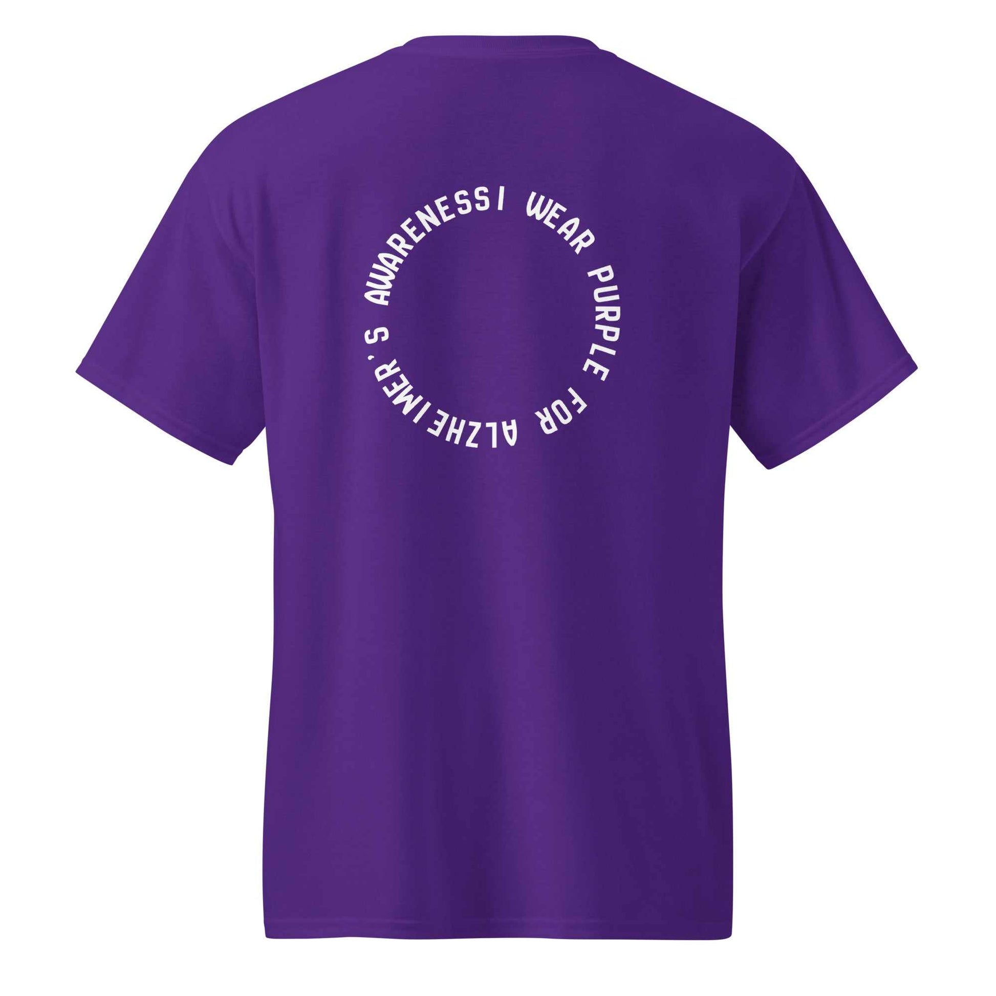 Purple DryBlend® T-Shirt with "I WEAR PURPLE FOR ALZHEIMER'S AWARENESS" text, moisture-wicking fabric and modern classic fit
