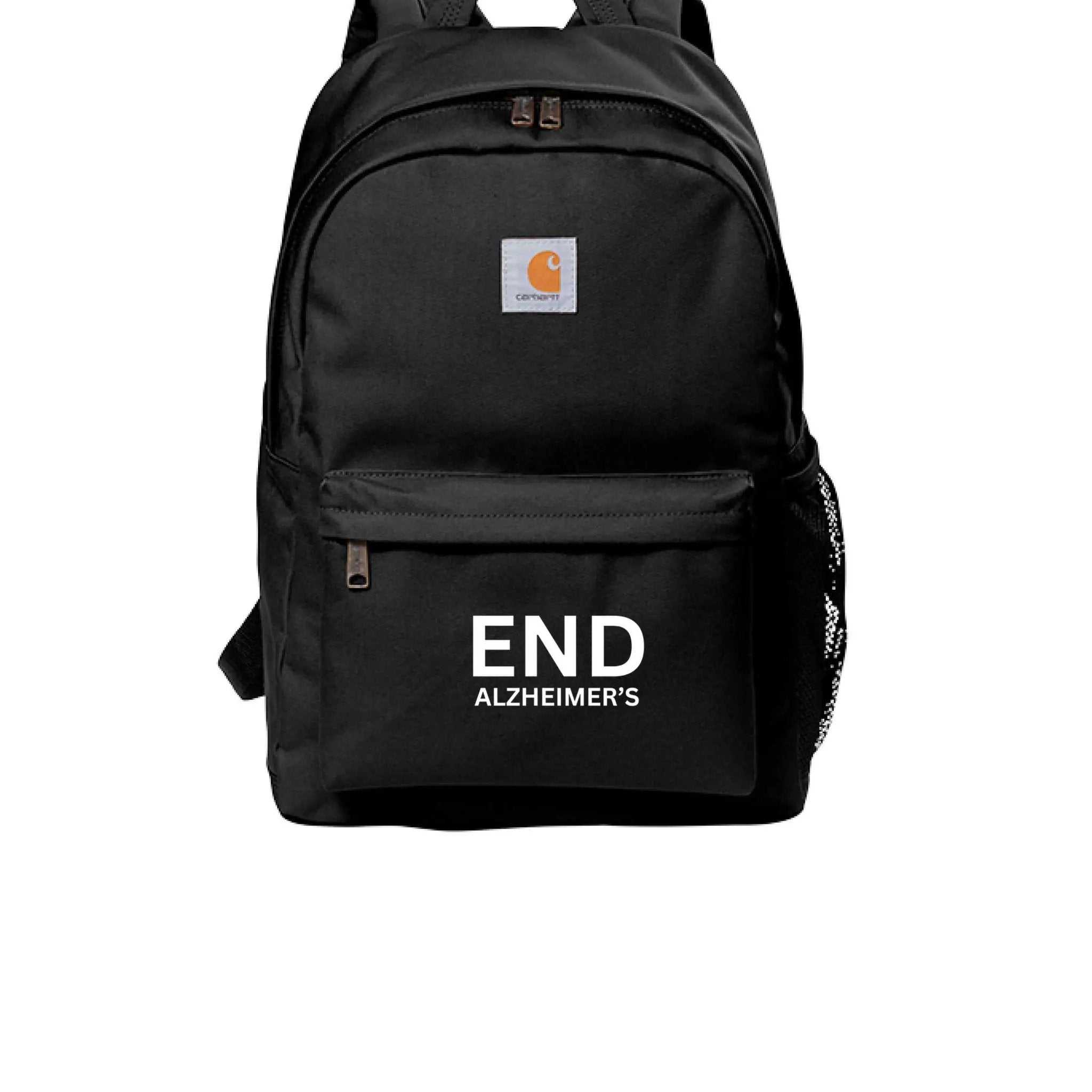 Black Carhartt backpack with End Alzheimer's text on the front pocket