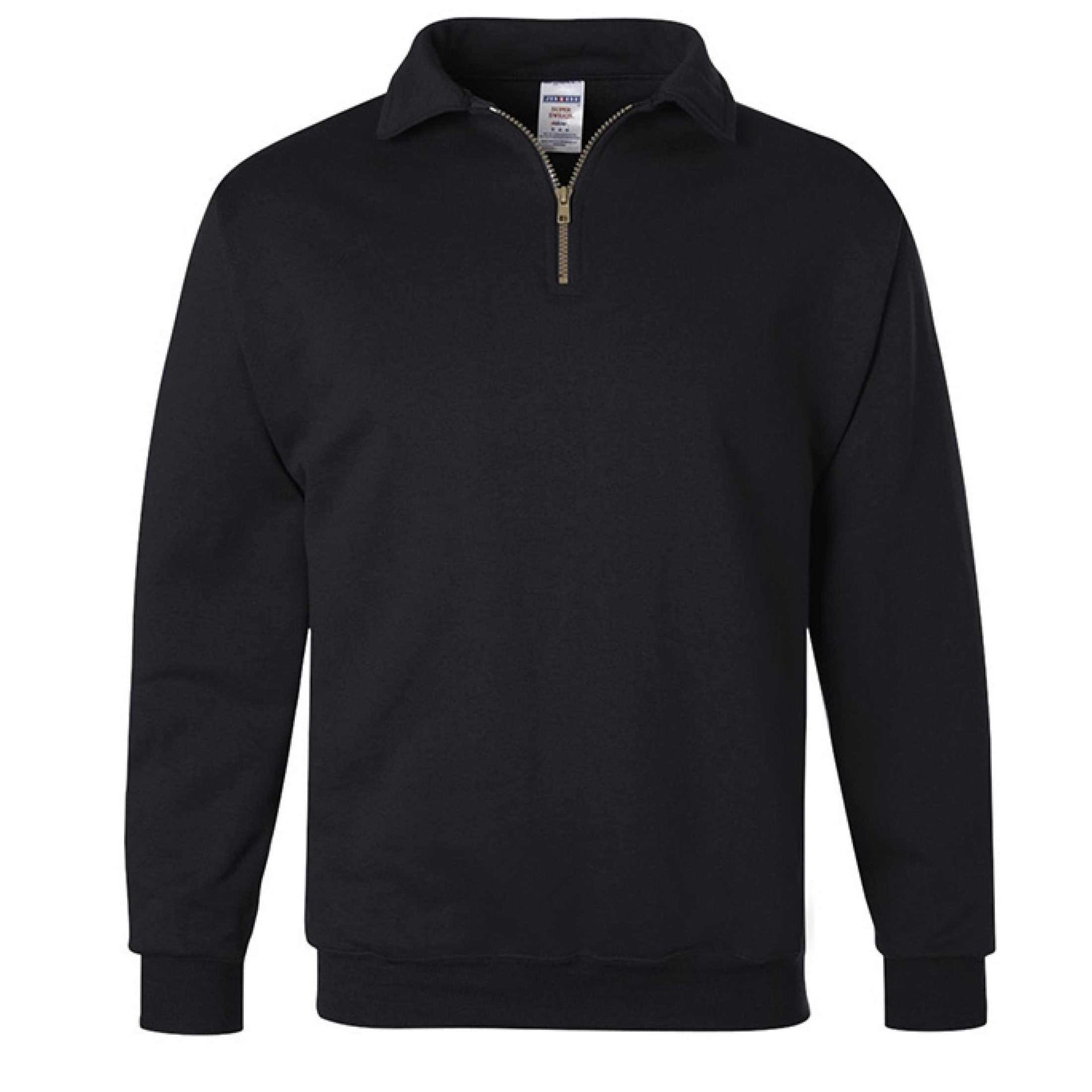 Black quarter zip fleece pullover with END ALZHEIMER'S design, made of 50% cotton and 50% polyester, sustainable USA-grown cotton.