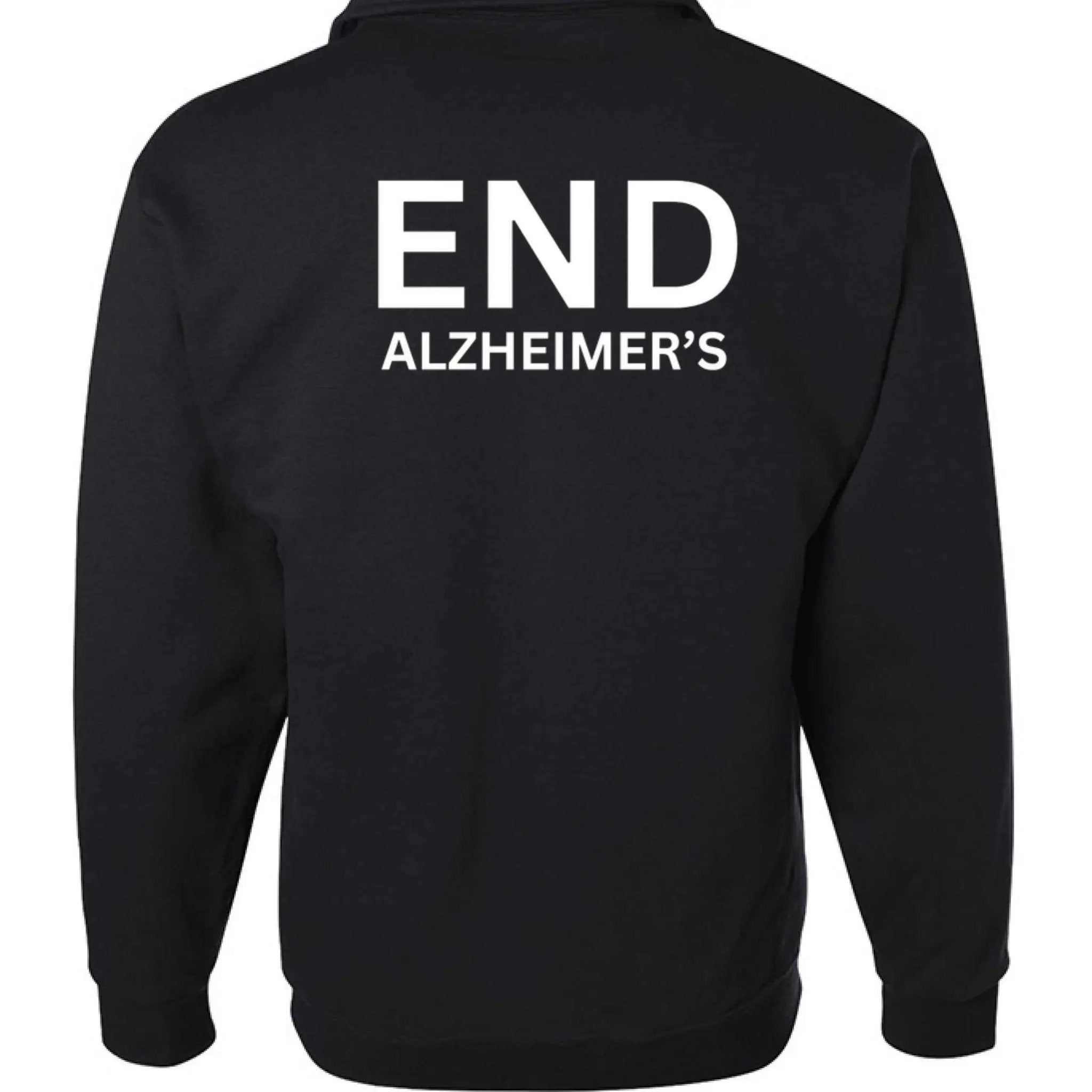 Back view of black quarter-zip fleece pullover with white END ALZHEIMER'S text