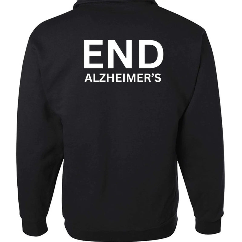 Black Jerzees quarter-zip fleece pullover for Alzheimer's awareness, featuring a cozy fleece material and a stand-up collar.