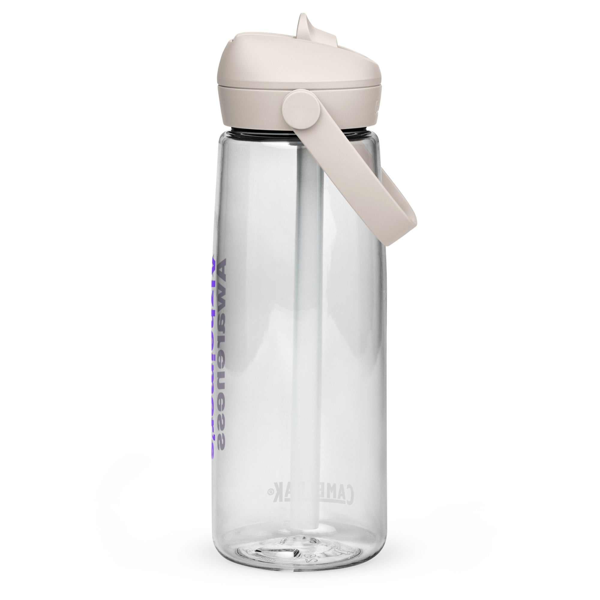 CamelBak flip straw water bottle with clear body and beige lid