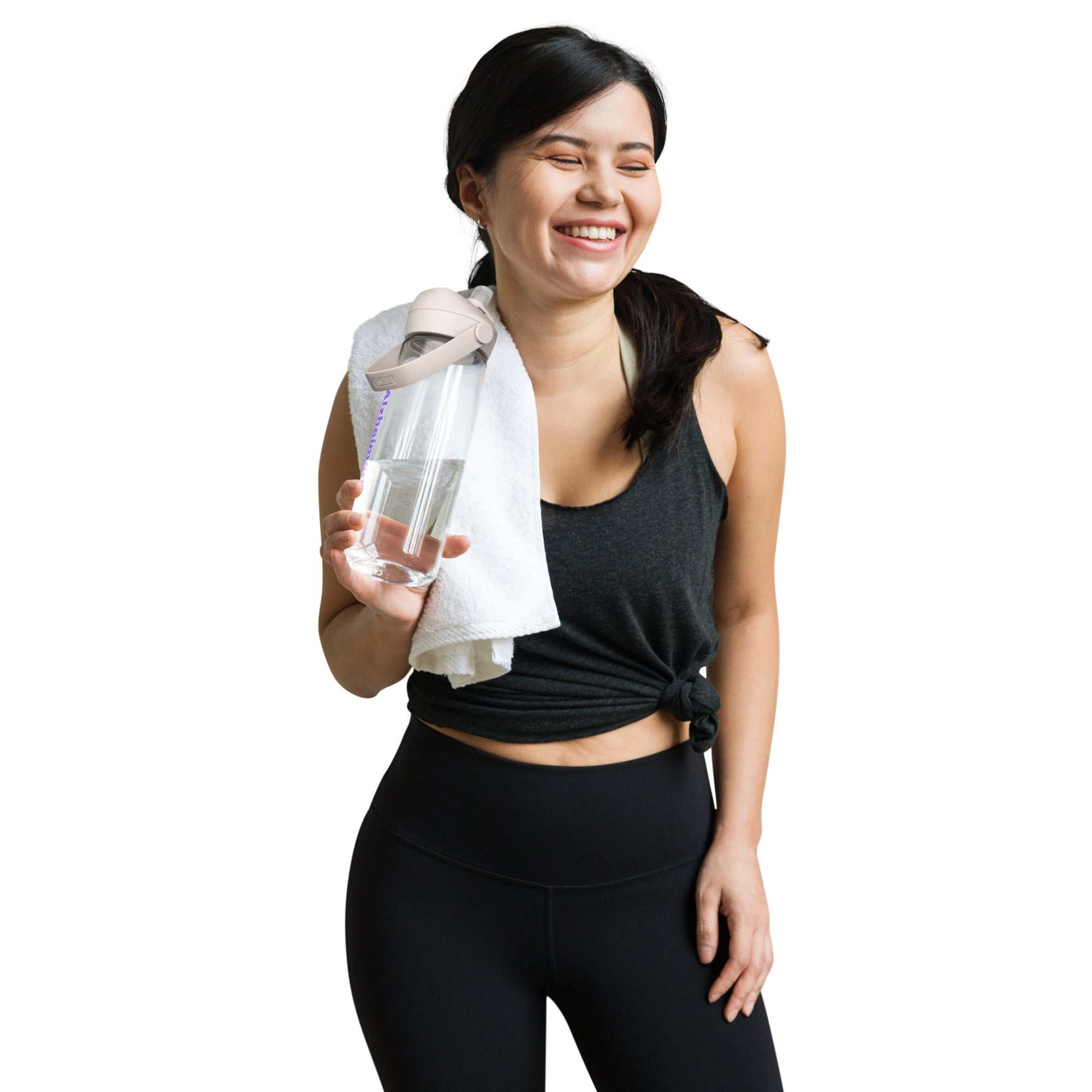 Woman holding a CamelBak Flip Straw water bottle with a white towel over her shoulder