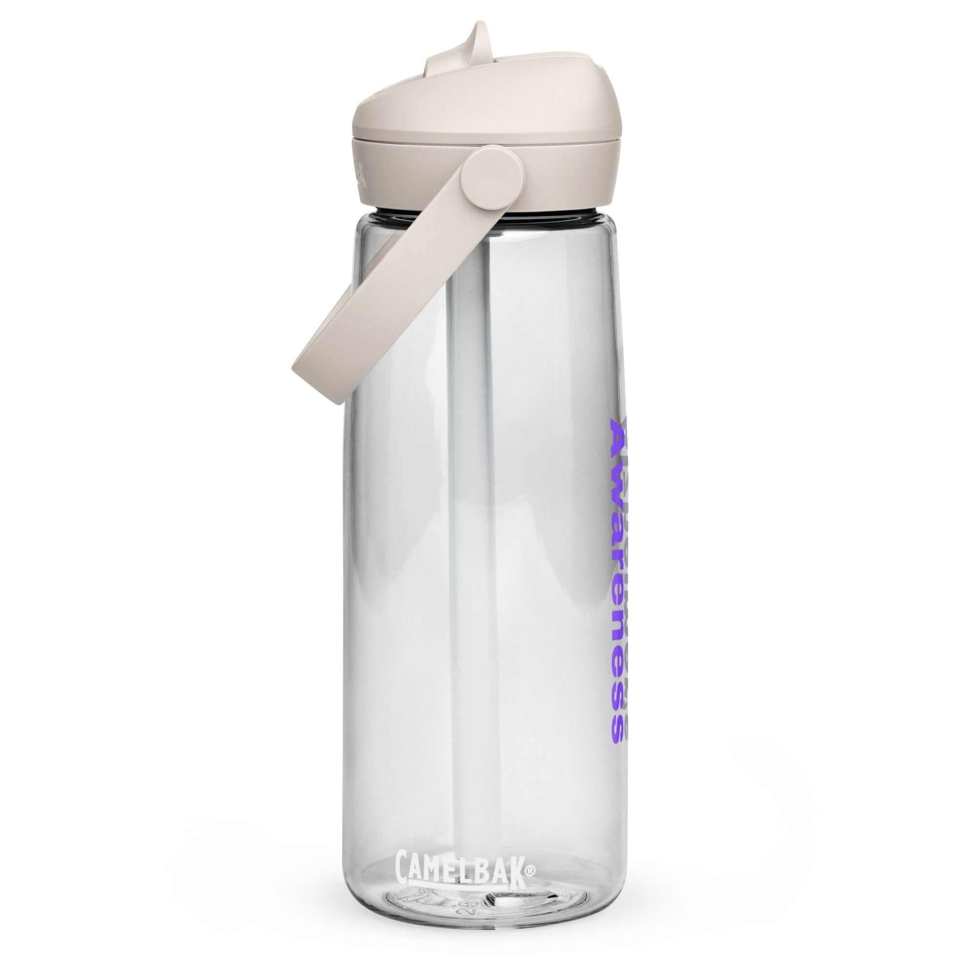 Clear CamelBak flip straw water bottle with purple Awareness text