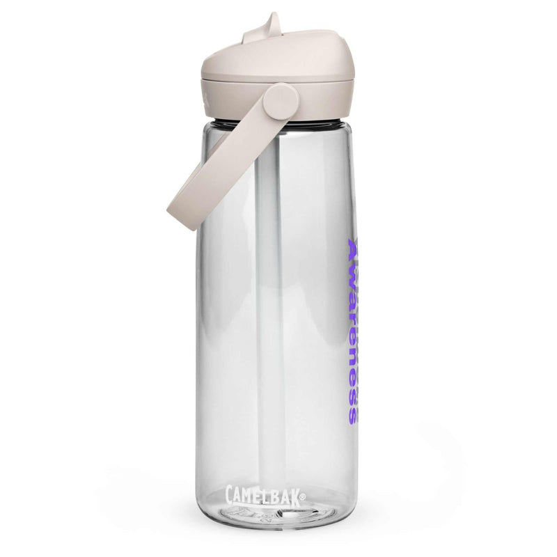 Clear CamelBak Flip straw water bottle (25 oz) with pivot handle and purple "Alzheimer's Awareness" text 