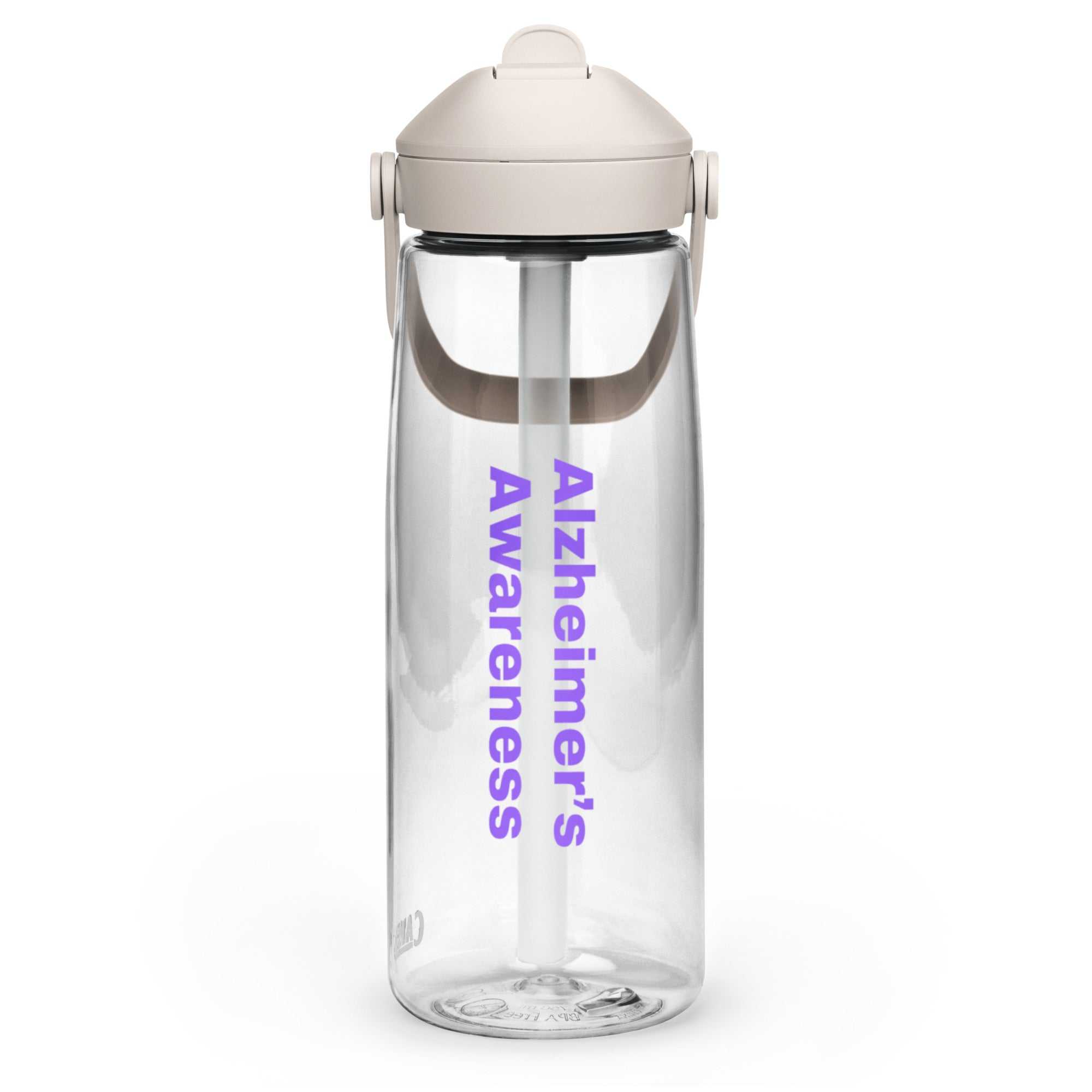 CamelBak flip straw water bottle with Alzheimer's Awareness text in purple