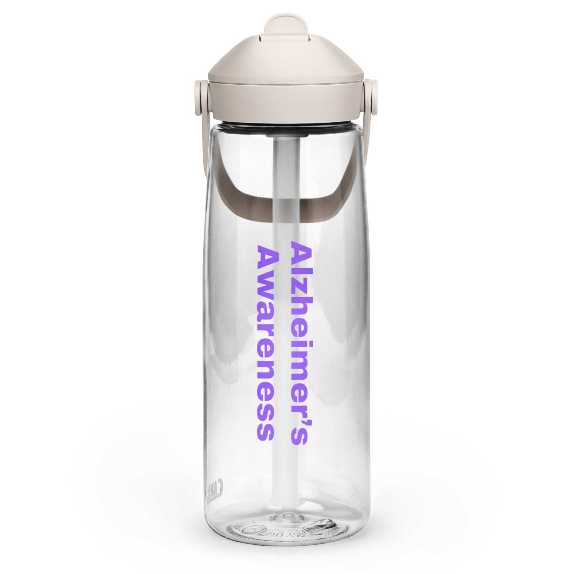 Clear CamelBak Flip straw water bottle (25 oz) with pivot handle and purple "Alzheimer's Awareness" text 