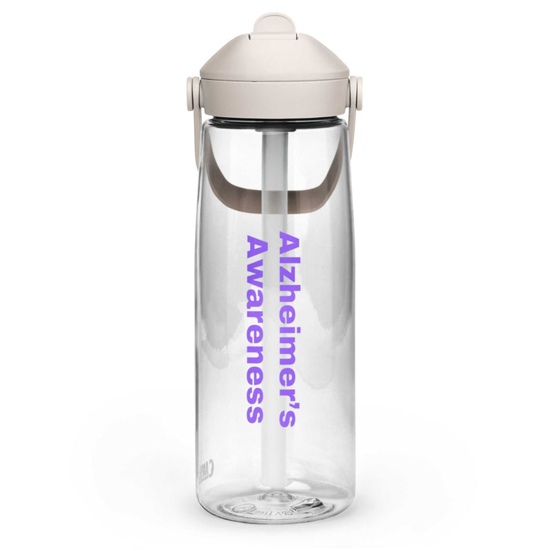 Clear CamelBak Flip straw water bottle (25 oz) with pivot handle and purple "Alzheimer's Awareness" text 