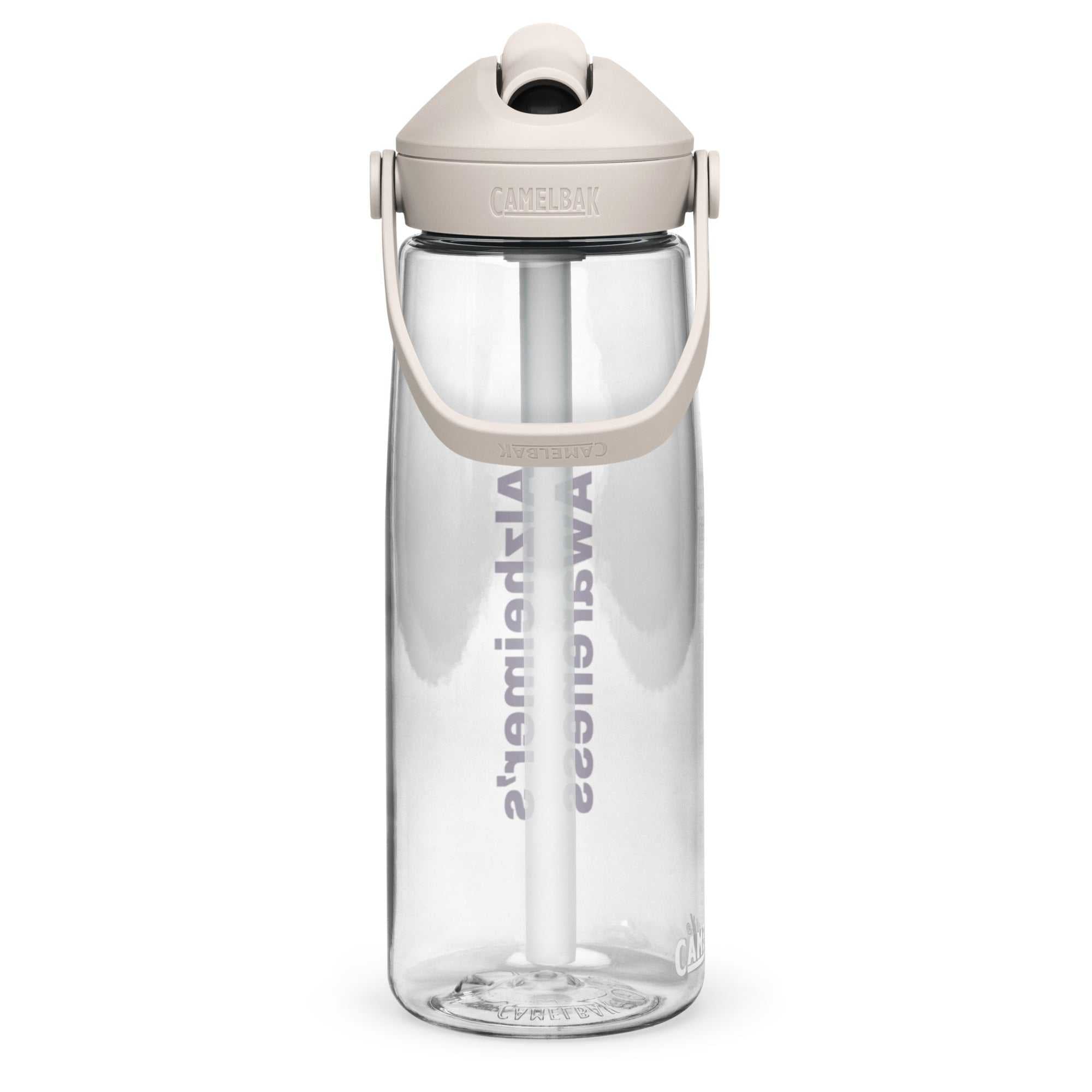 CamelBak flip straw water bottle with clear body and beige lid