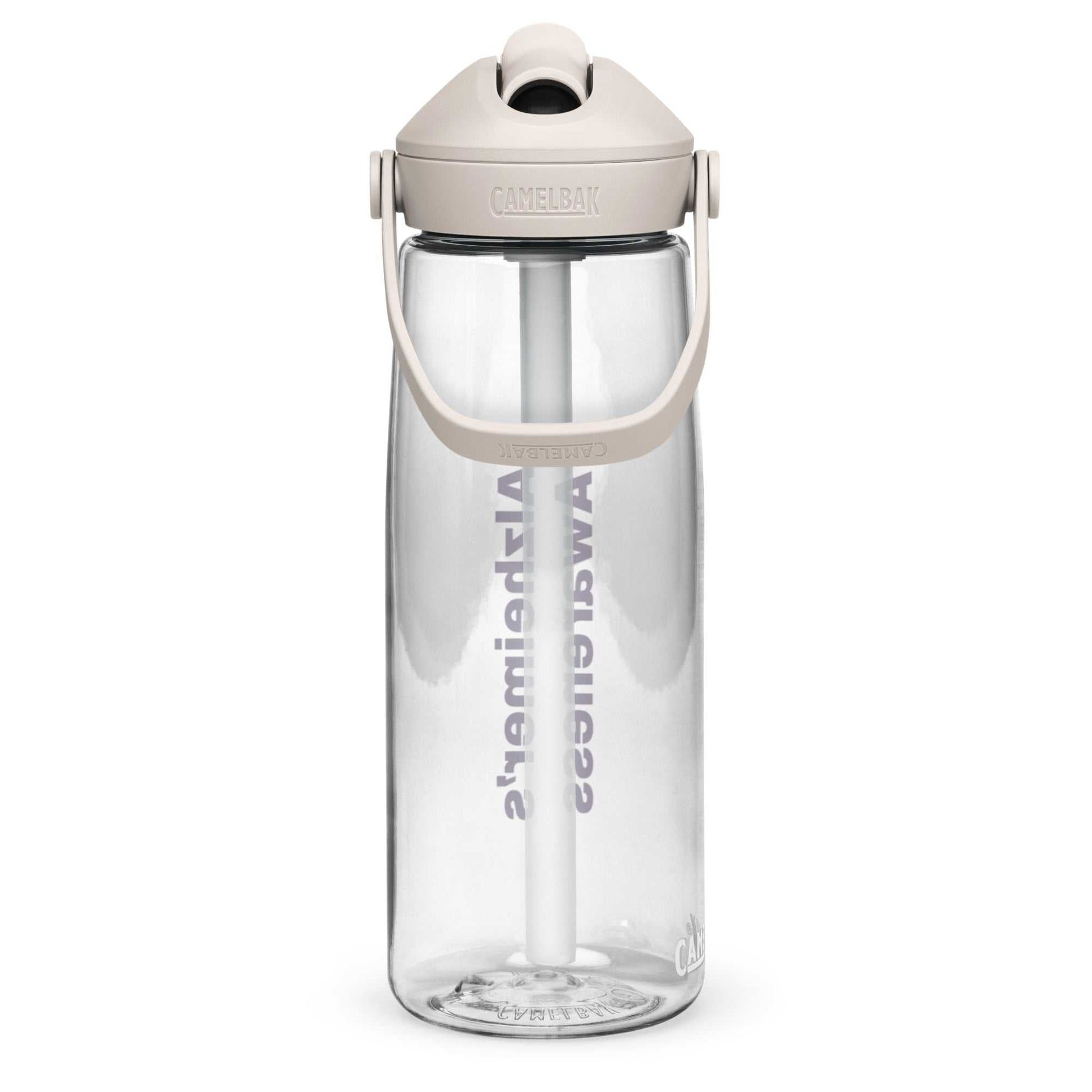 Clear CamelBak Flip straw water bottle (25 oz) with pivot handle and purple "Alzheimer's Awareness" text 