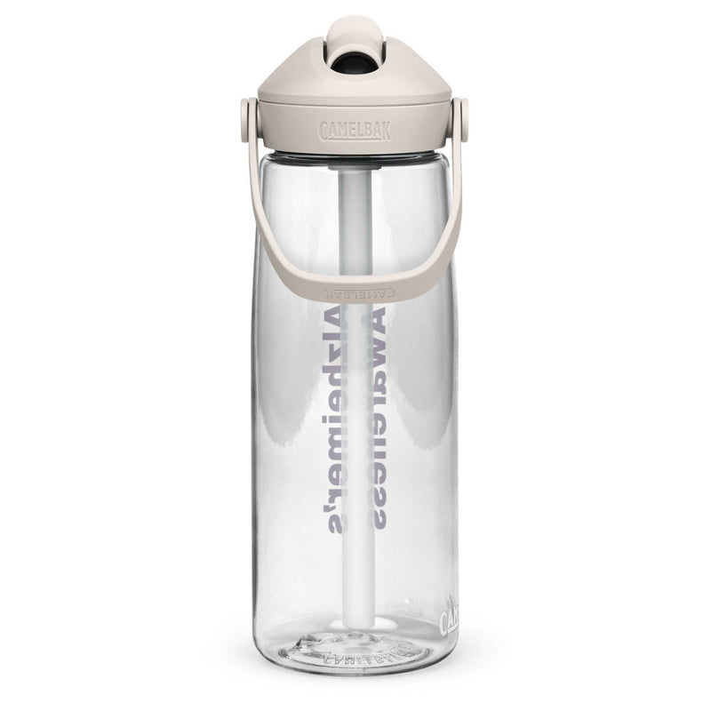 Clear CamelBak Flip straw water bottle (25 oz) with pivot handle and purple "Alzheimer's Awareness" text 