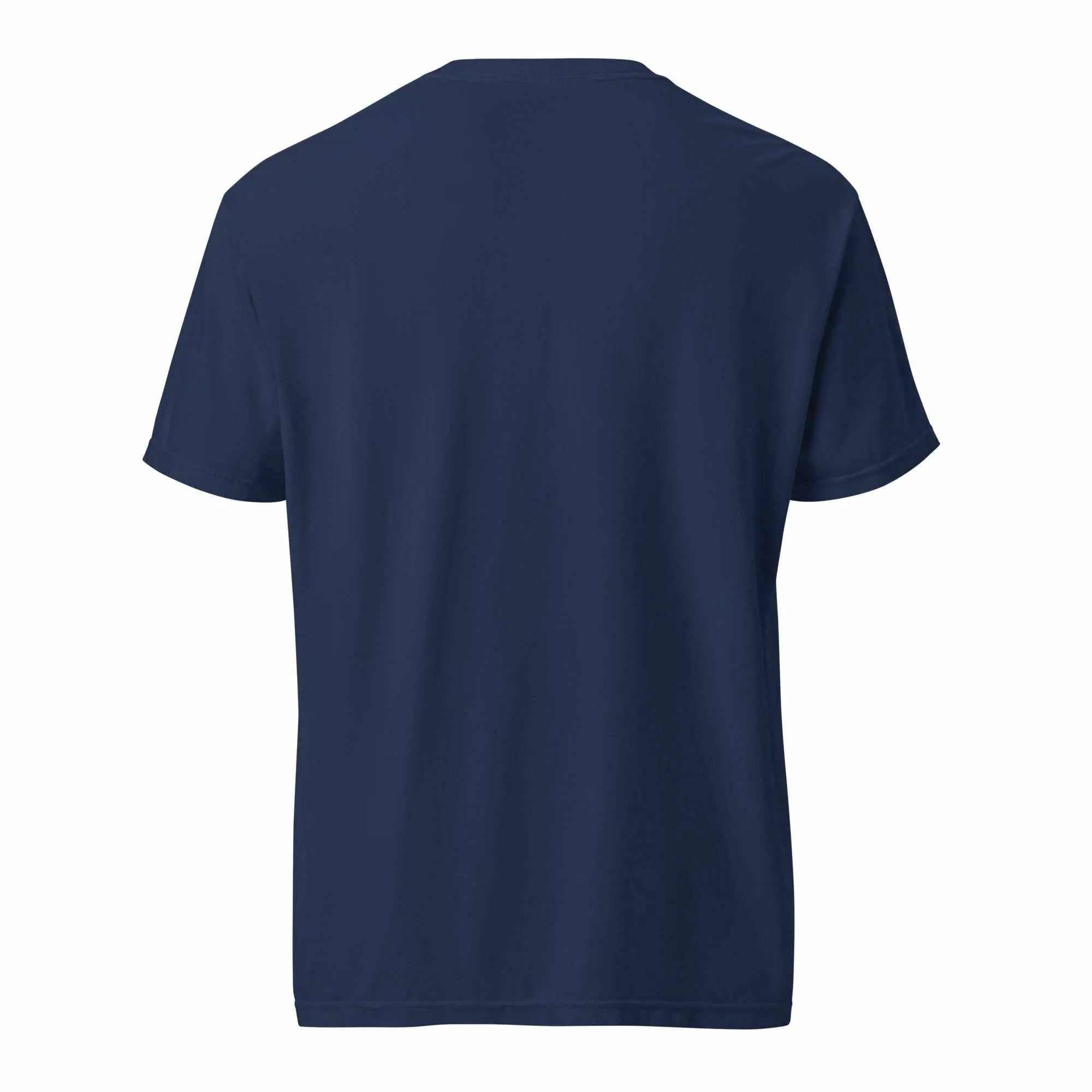 Back view of a plain navy blue FUCK ALZHEIMER'S unisex garment-dyed heavyweight t-shirt