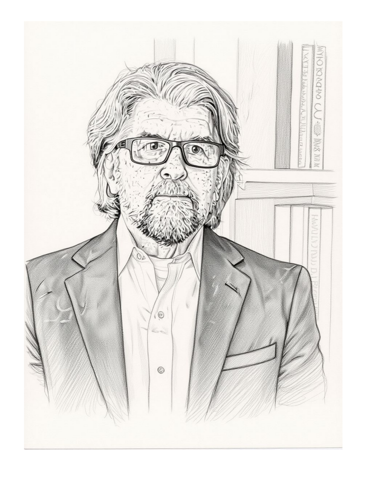 Pencil sketch of a middle aged man with glasses and a beard wearing a blazer in front of a bookshelf