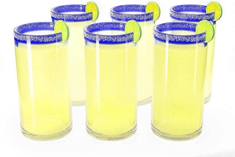 Mexican Blue Rim Design Hand Blown Glass Set - 6 Glasses & Pitcher