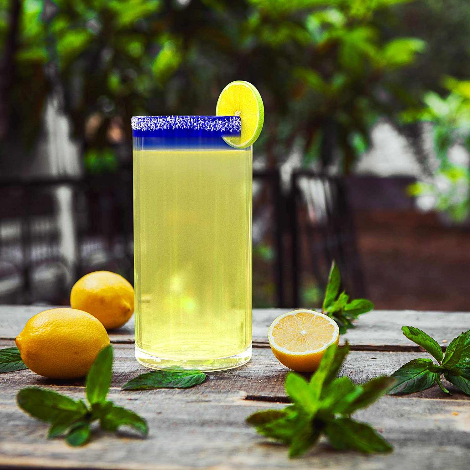 Mexican Blue Rim Design Hand Blown Glass Set - 6 Glasses & Pitcher