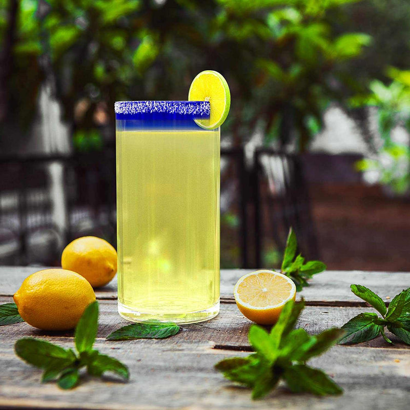 Mexican Blue Rim Design Hand Blown Glass Set - 6 Glasses & Pitcher