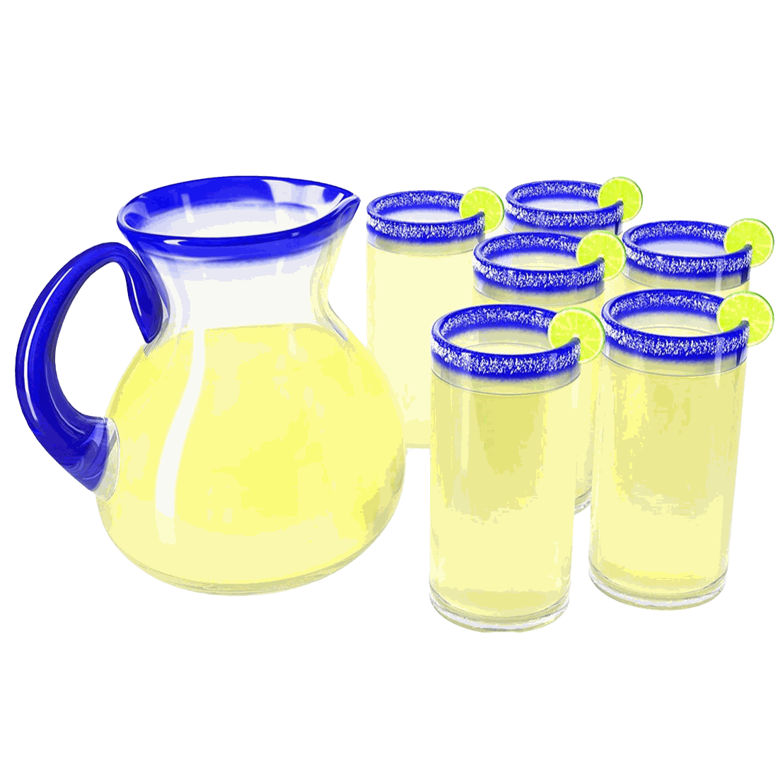 Hand Blown Blue Mexican Drinking Glasses and Pitcher – Set of 6 with Mexican Blue Rim Design (14 oz each) and Pitcher (84 Ounces) Mexico Cobalt Blue Carafe Designs Margarita and Lemonade