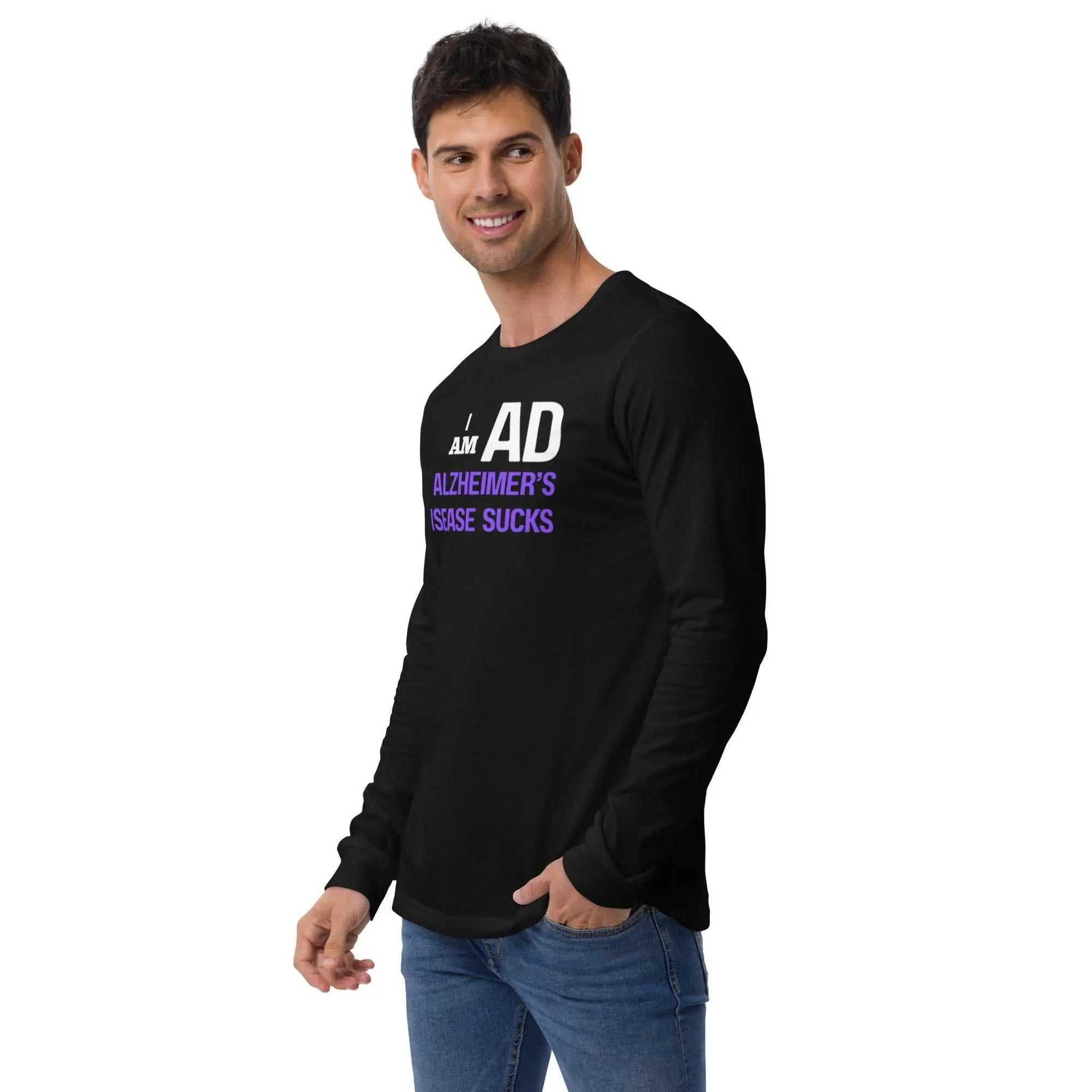 Man wearing black I AM AD long sleeve tee shirt for Alzheimers awareness