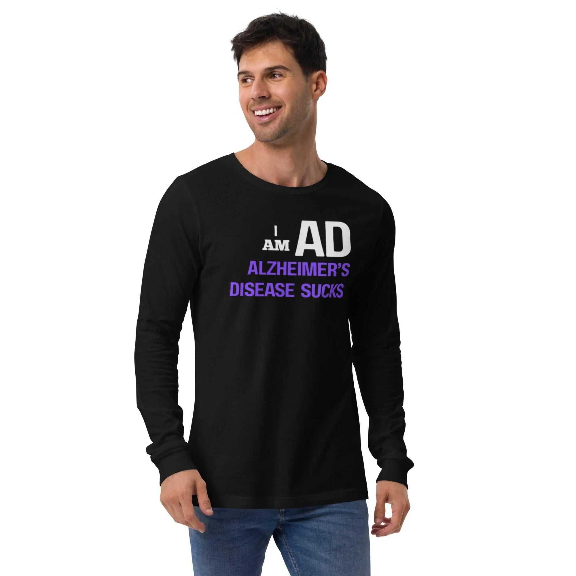 Unisex I AM AD long sleeve T-shirt for Alzheimer's awareness featuring bold text and awareness design on soft fabric.
