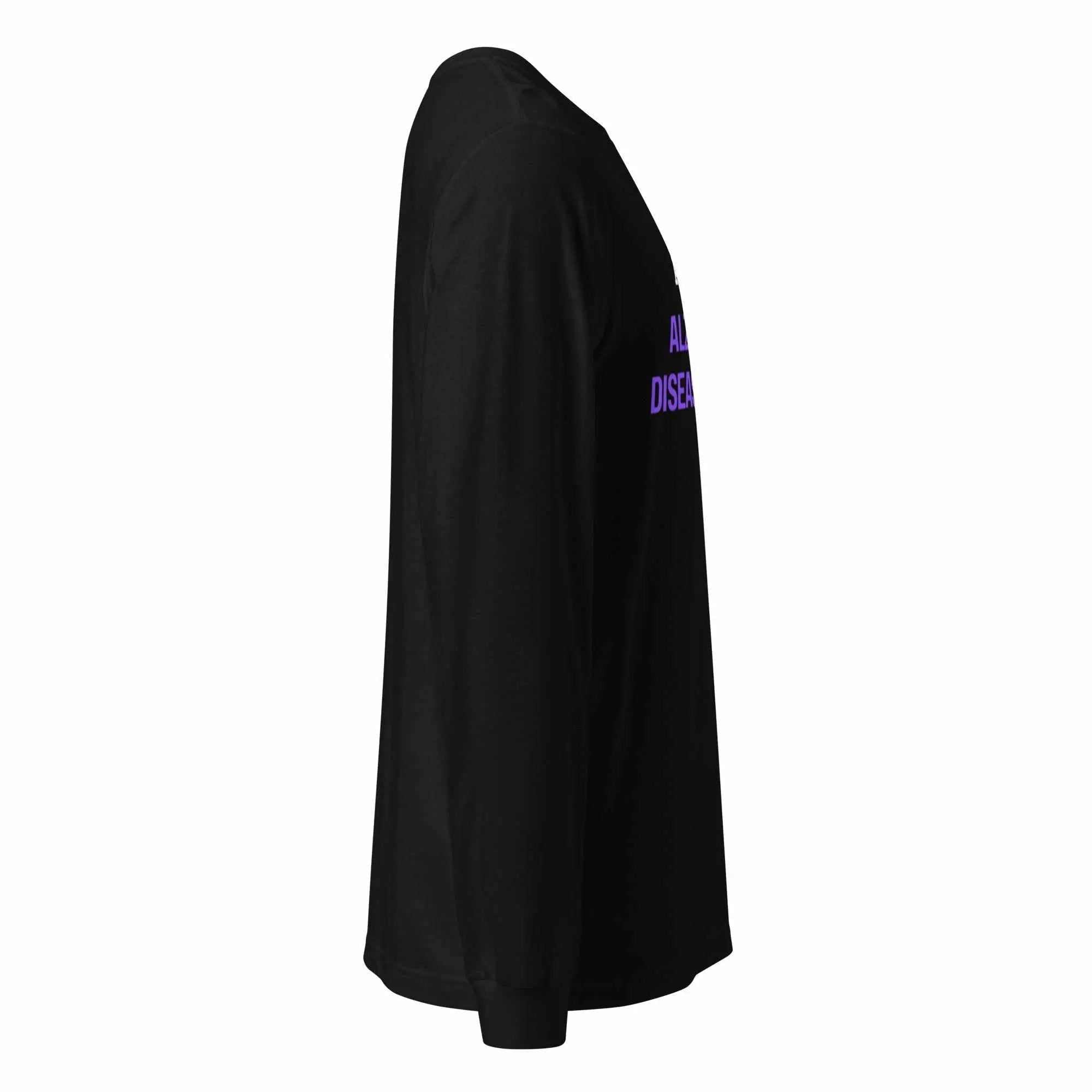 Side view of black I AM AD long sleeve tee-shirt for Alzheimer's awareness