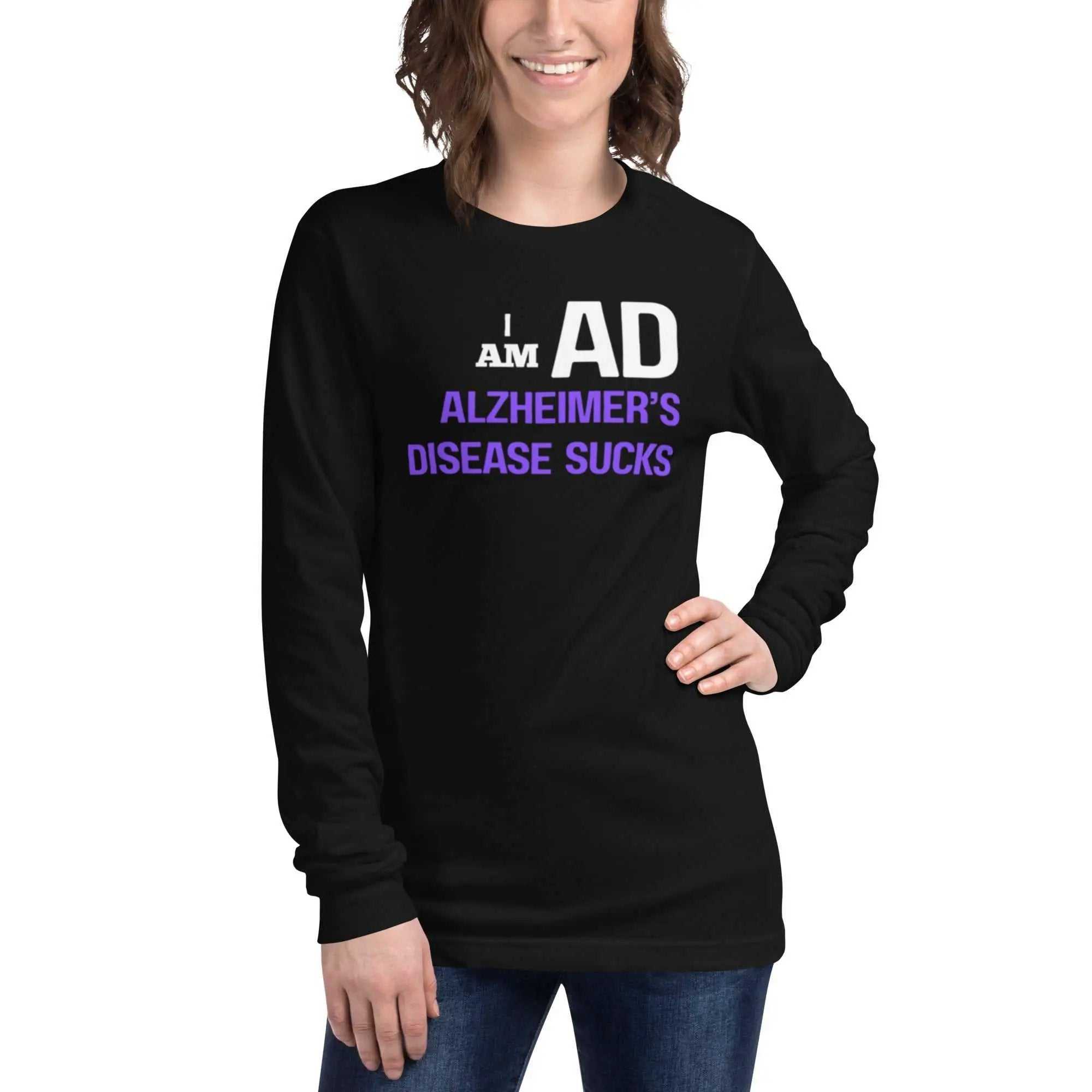 Black long sleeve tee shirt with I AM AD Alzheimer's Disease Sucks text in white and purple