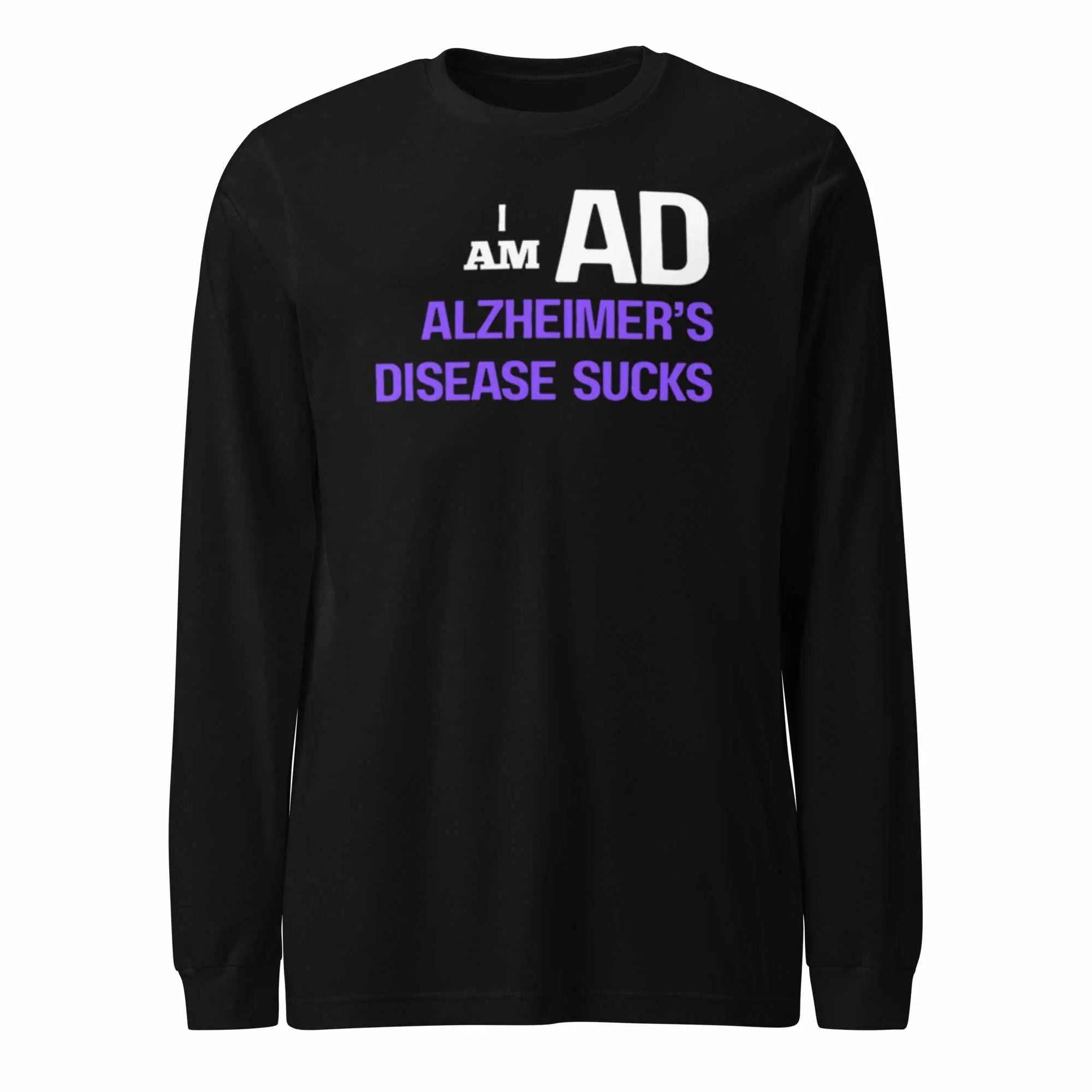Black long sleeve unisex tee with I AM AD Alzheimer's Disease Sucks text in white and purple