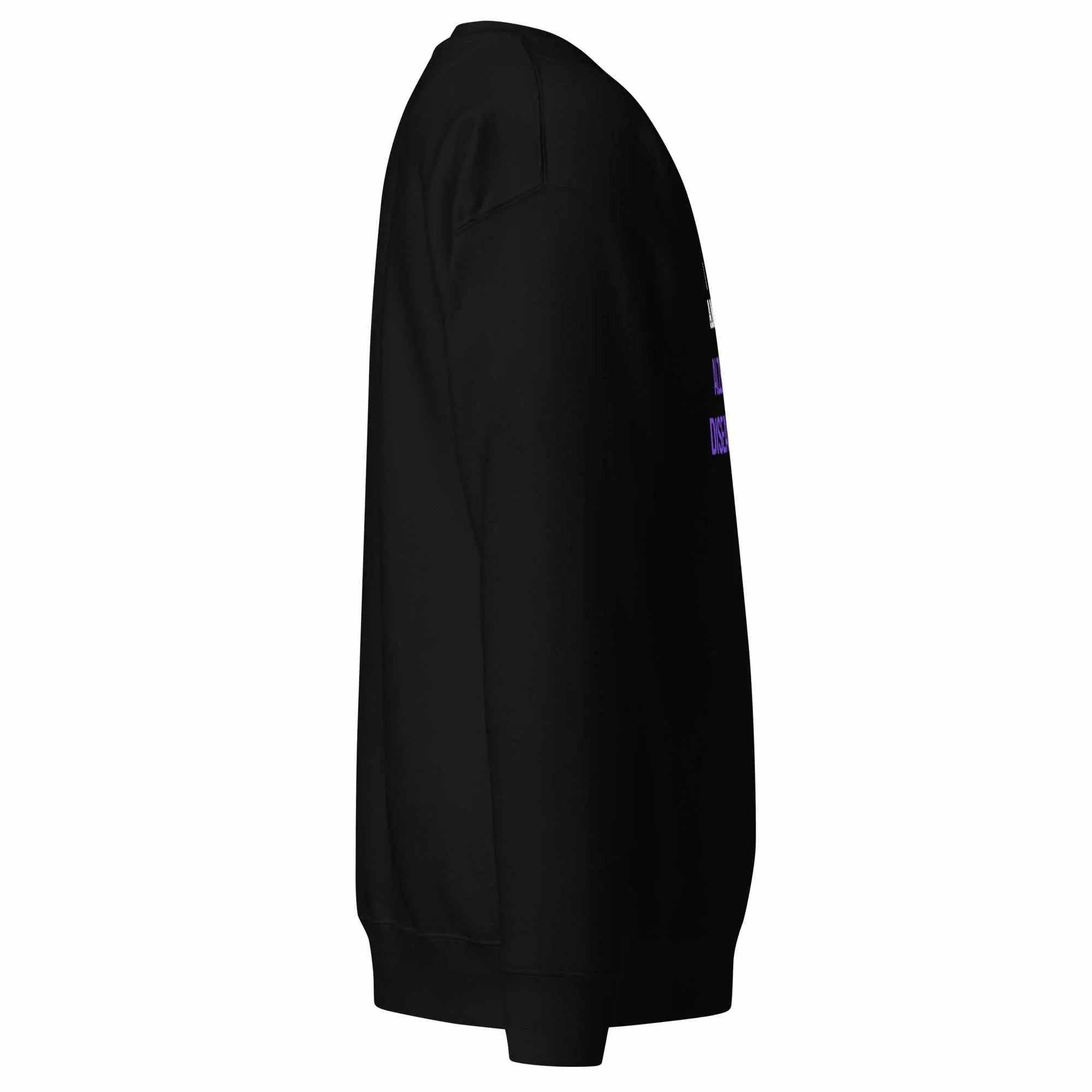 Side view of black I AM AD unisex premium sweatshirt for Alzheimer awareness