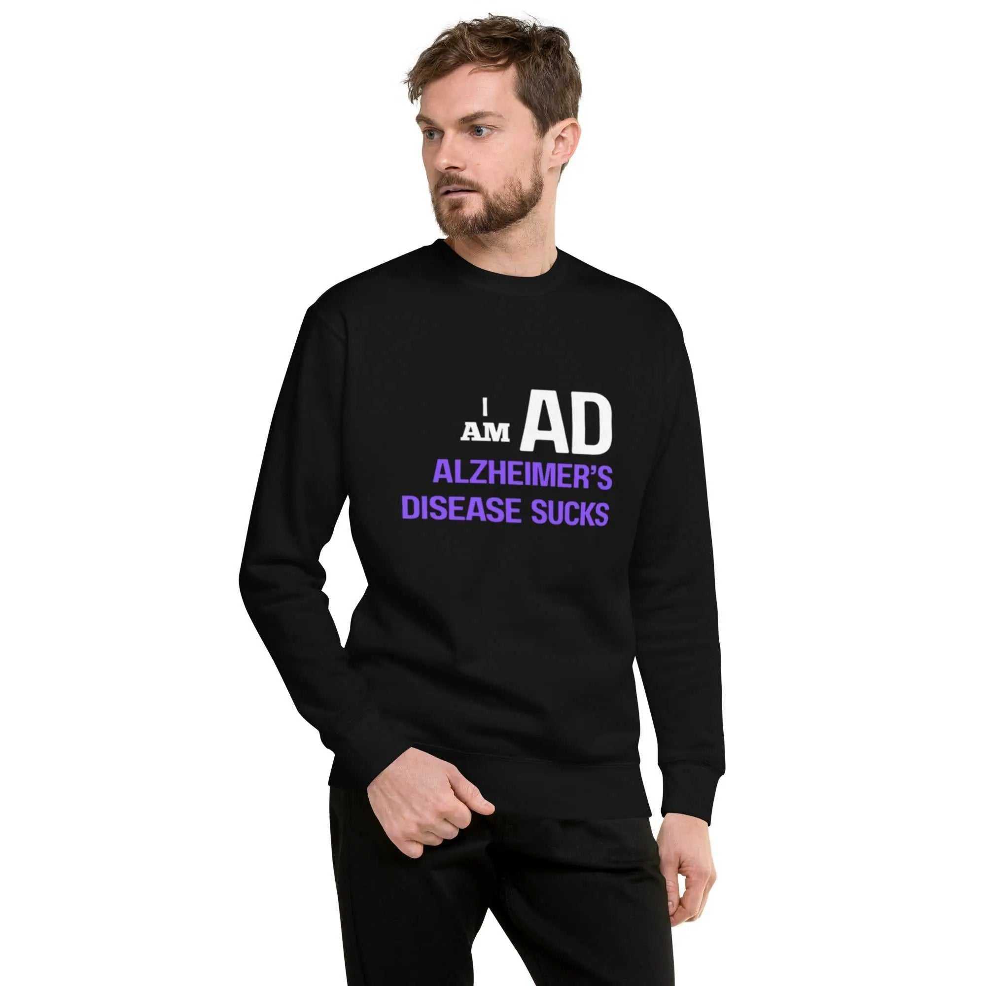 Man wearing black I AM AD sweatshirt with white and purple text