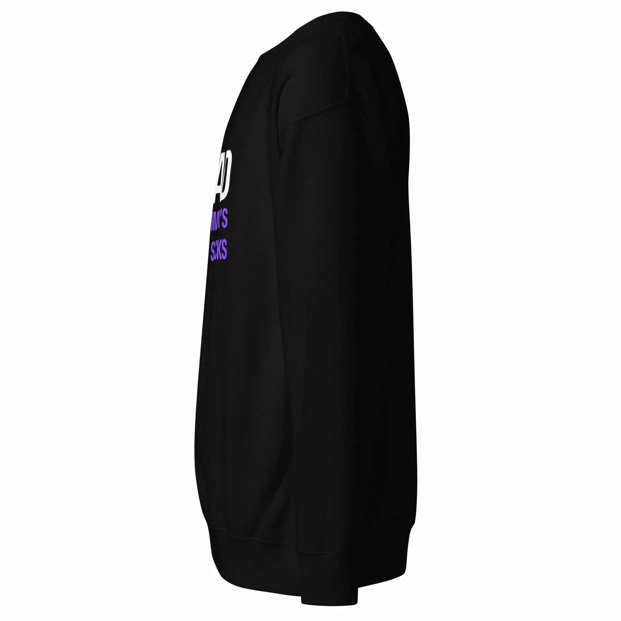 Side view of black I AM AD unisex premium sweatshirt for Alzheimer's awareness