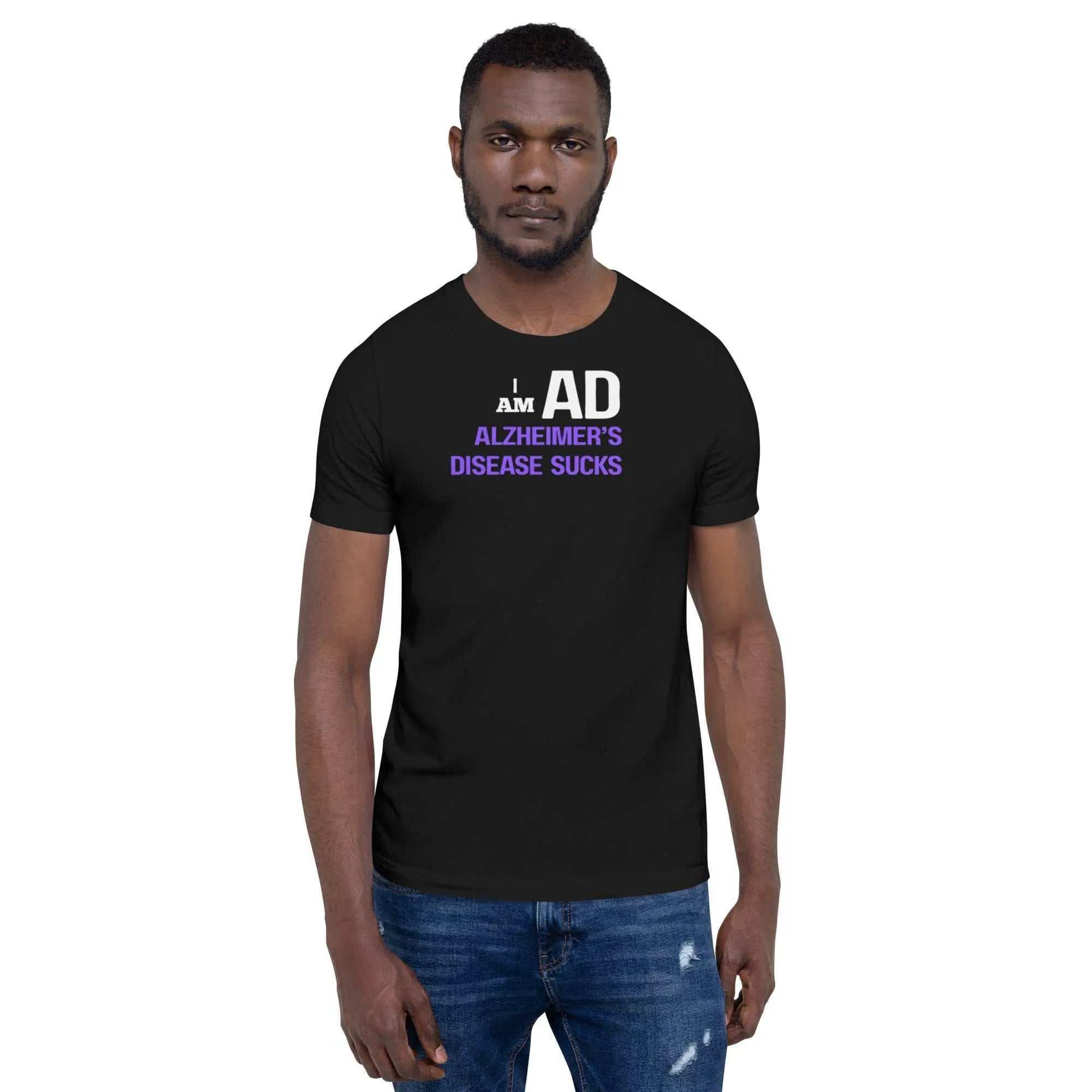 Man wearing black I AM AD unisex t-shirt with white and purple text