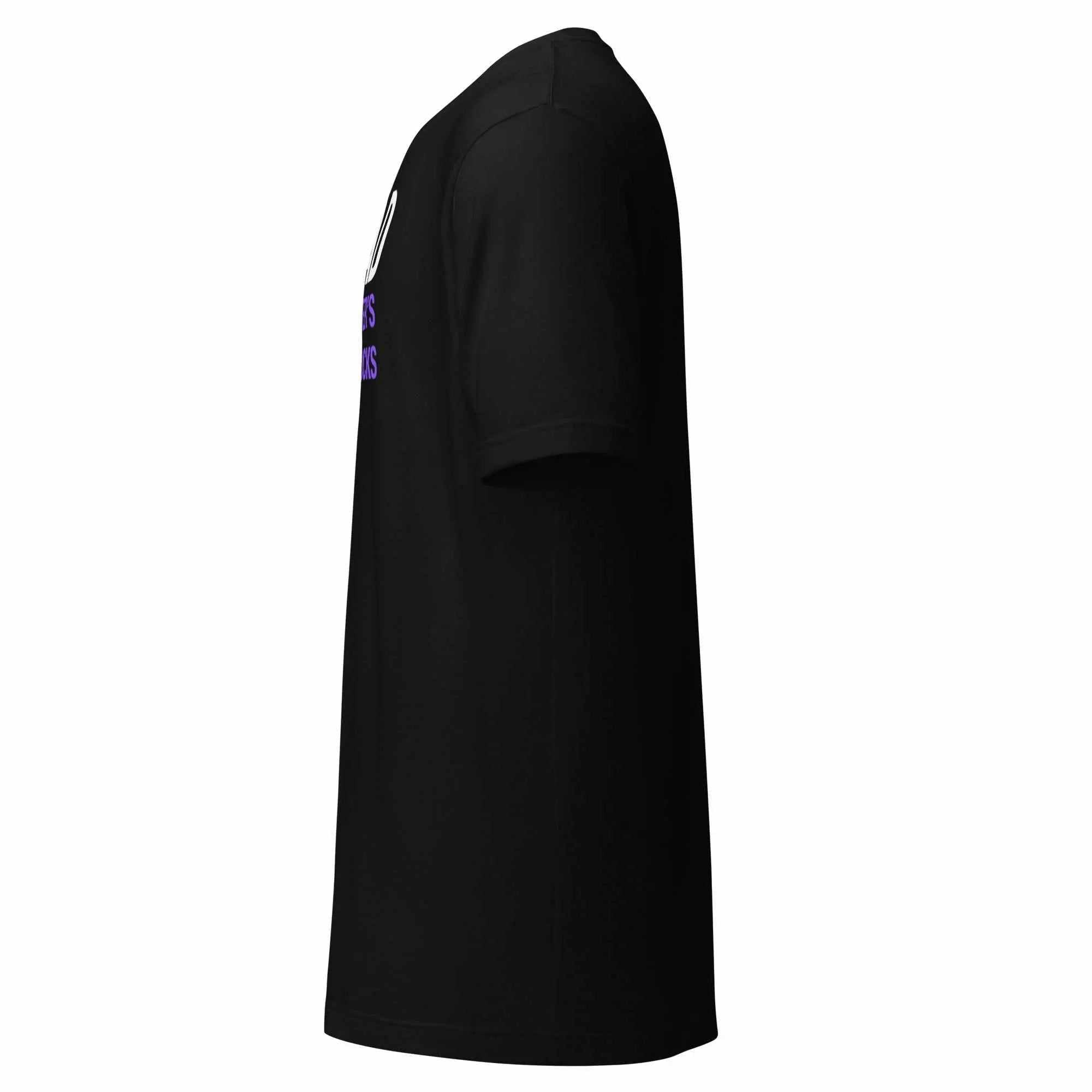 Side view of black I AM AD unisex t-shirt with purple text