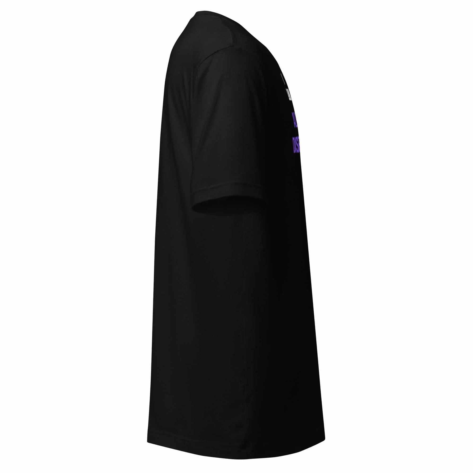 Side view of black I AM AD unisex t-shirt with purple text