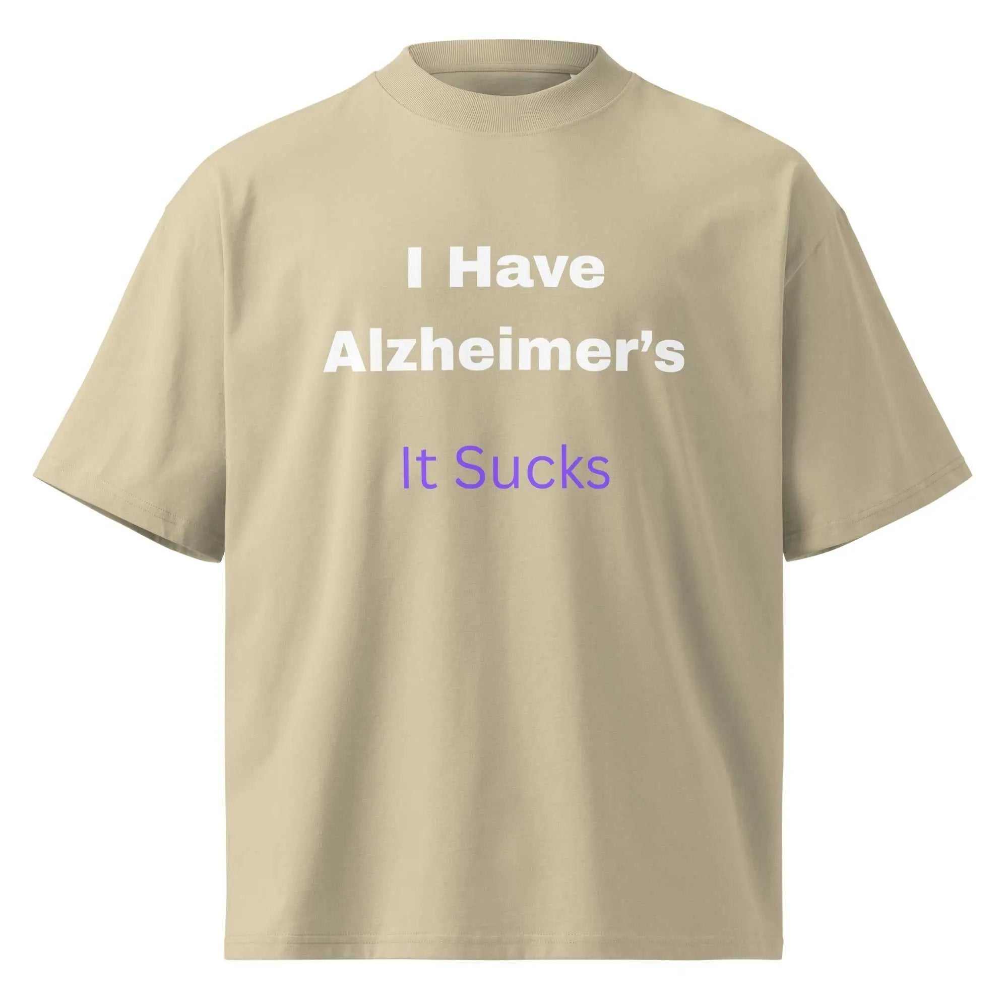 Unisex organic Alzheimer's Awareness T-shirt with high neck and bold "I Have Alzheimer's It Sucks" message, in gray color.