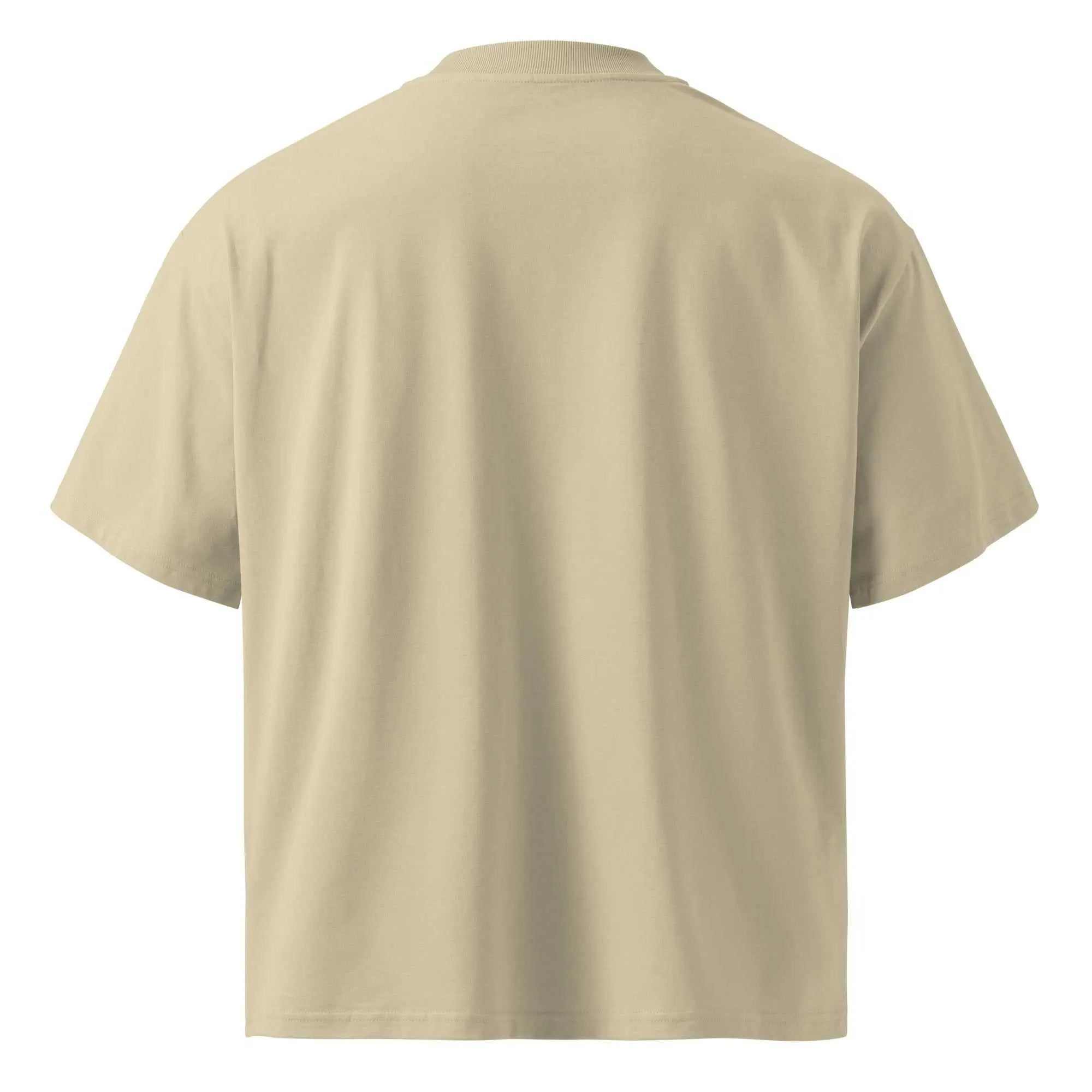Back view of a beige oversized organic high neck Alzheimer's Awareness T-Shirt