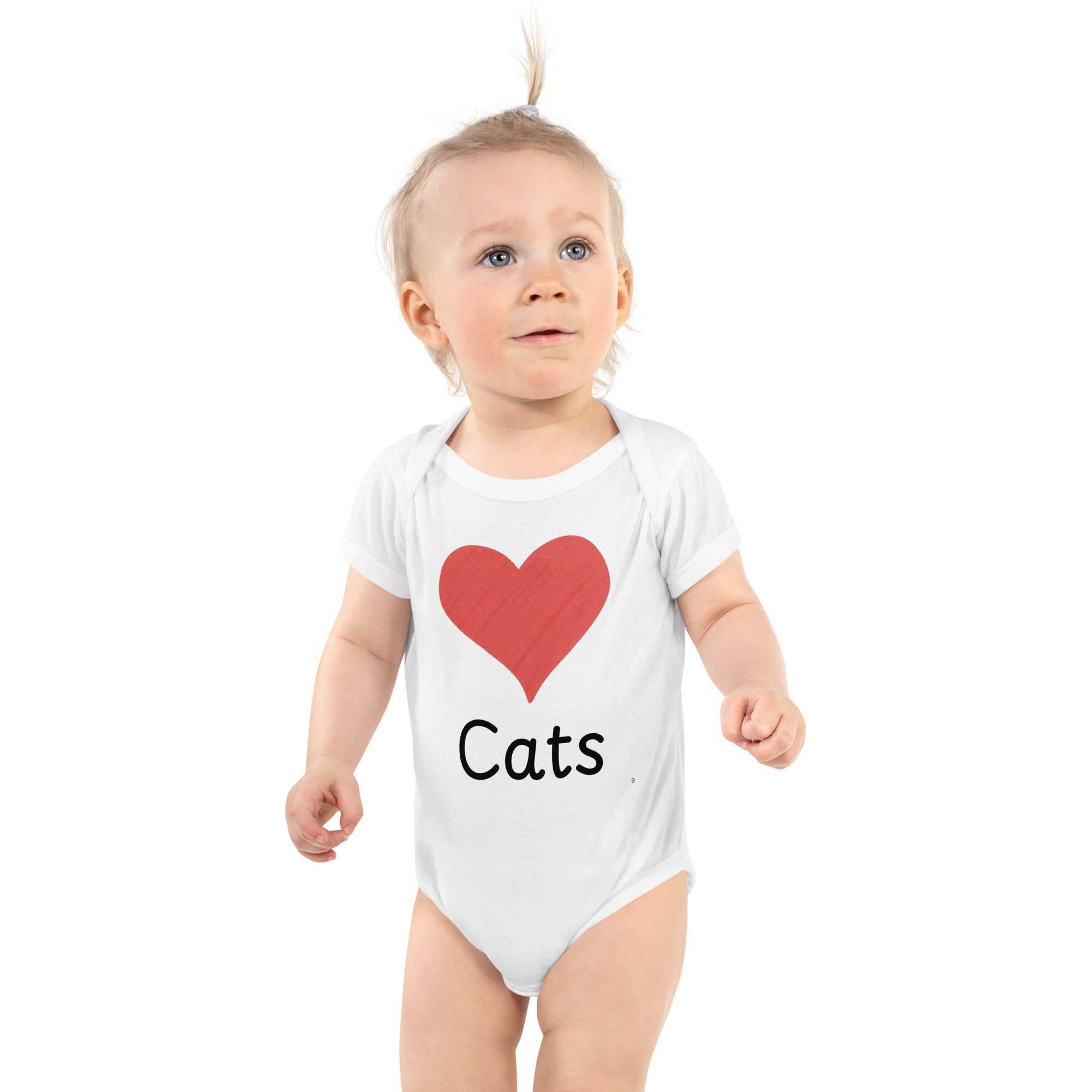 Cute infant bodysuit with heart and cat print, designed for comfort and adorable style by Greg's AZ Store.