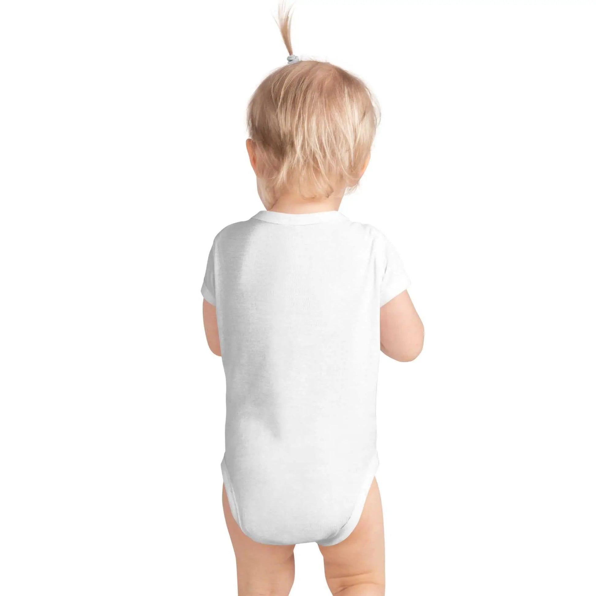 Gray infant bodysuit with cute heart and cat print, made by Greg's AZ Store, designed for comfortable wear for babies.