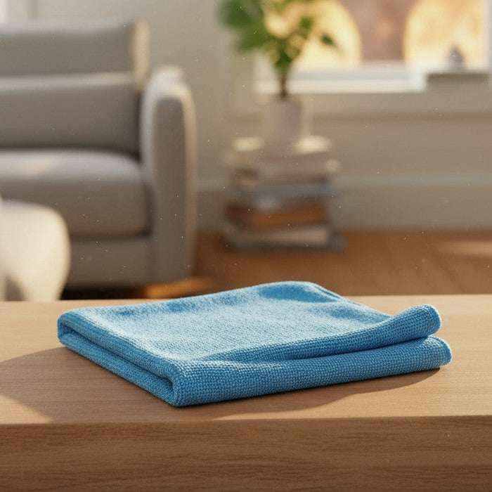 Blue microfiber cleaning cloth folded on a wooden surface