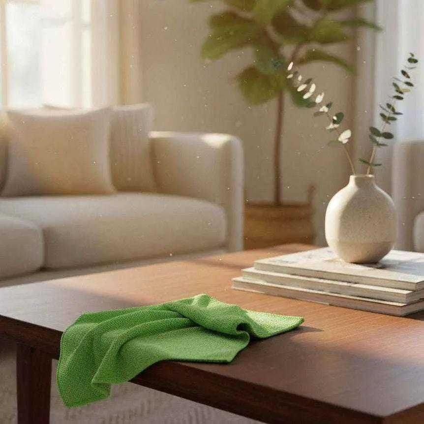 Green microfiber cleaning cloth from Rifz Textiles Inc, 12x12 inches, ideal for caregiver and kitchen cleaning tasks.
