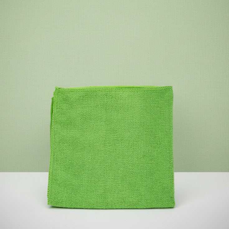 Green microfiber cleaning cloths by Rifz Textiles Inc, 12x12 inches, ideal for caregiver and kitchen cleaning tasks.