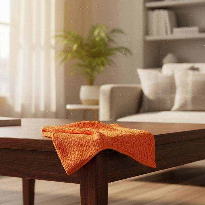 Orange microfiber cleaning cloths for kitchen use by Rifz Textiles Inc, soft, absorbent, and ideal for caregiver cleaning tasks.