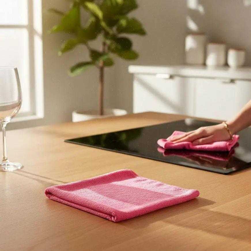 Hand wiping a black stovetop with a pink microfiber cleaning cloth