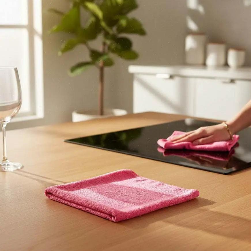 Pink microfiber cleaning cloths from Rifz Textiles Inc, 12x12 inches, ideal for caregiver and kitchen cleaning tasks.
