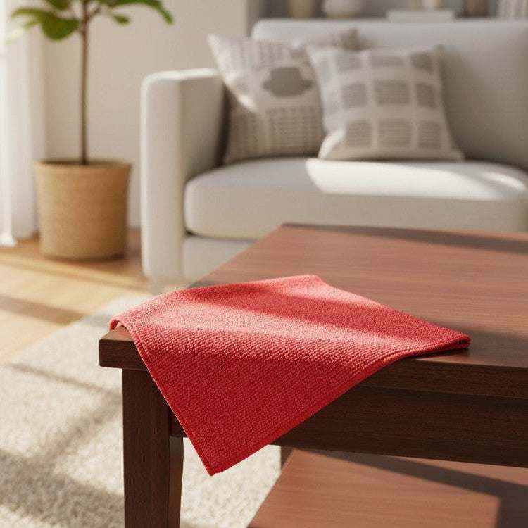 Red microfiber cleaning cloth on a wooden coffee table