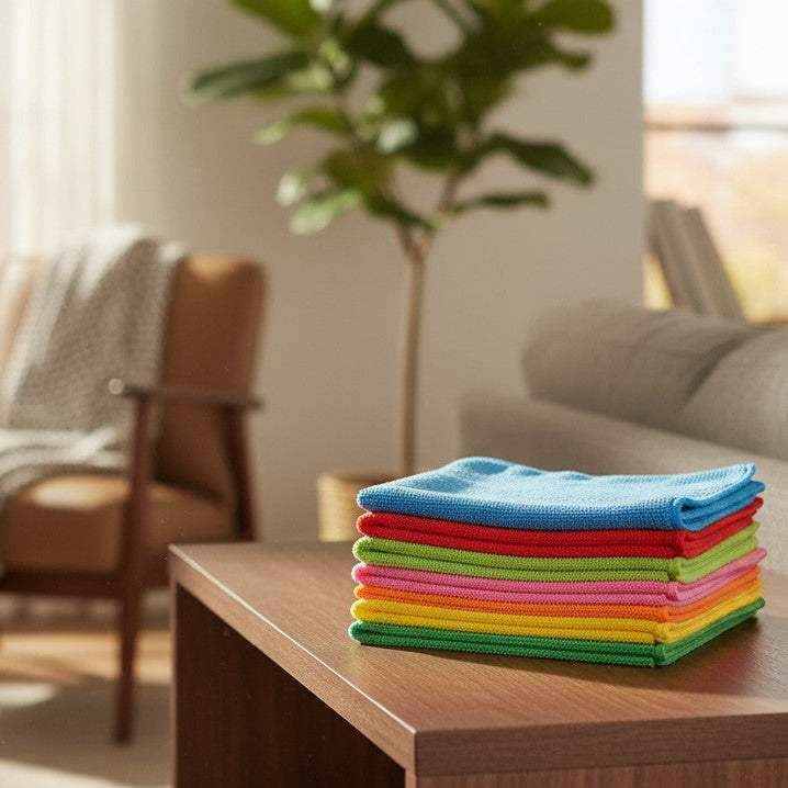 Stack of colorful microfiber cleaning cloths on a wooden table