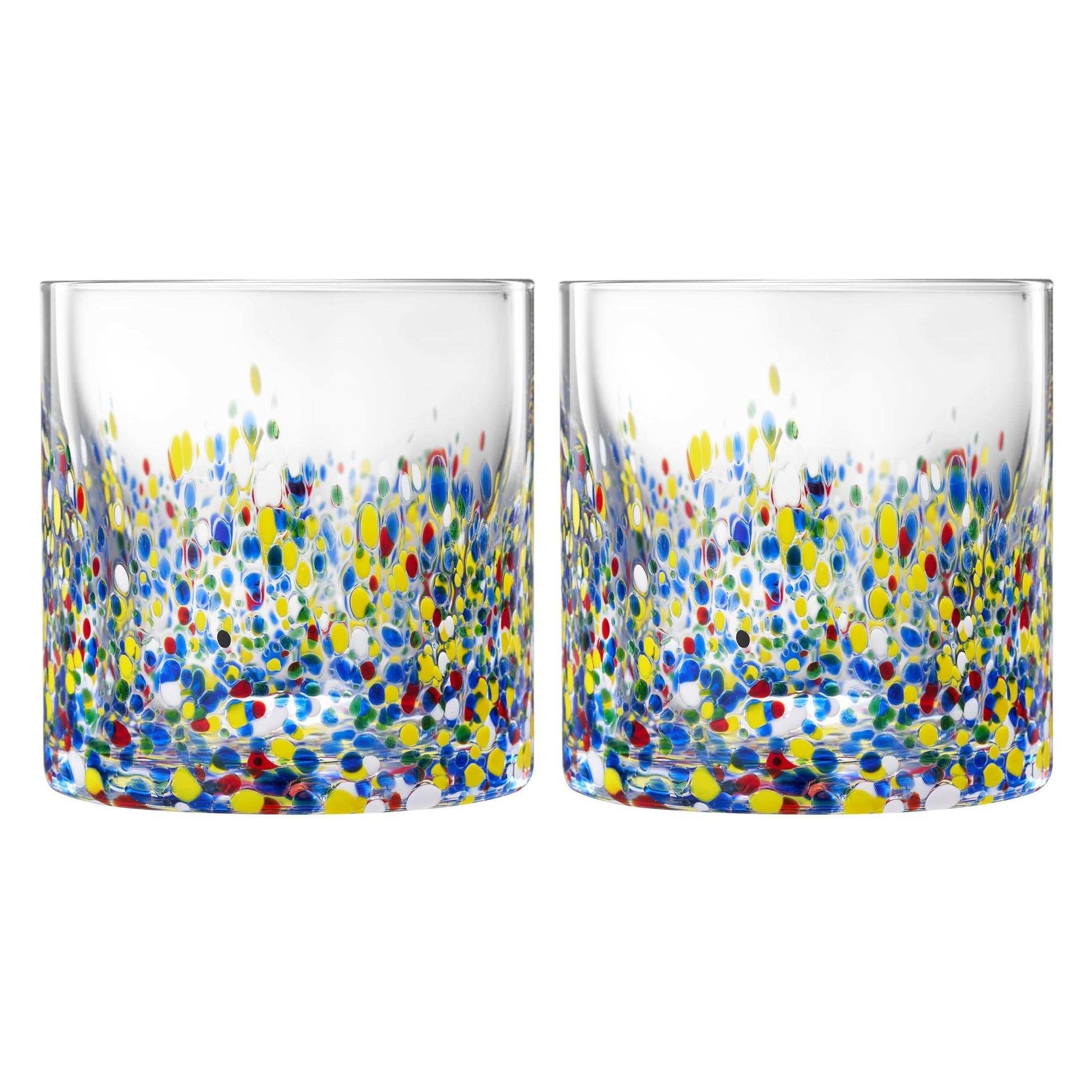 Set of 2 Mexican drinking glasses 11oz hand blown with colorful confetti design