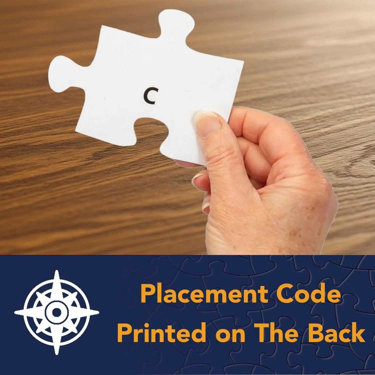 Hand holding a large puzzle piece with the letter C printed on the back