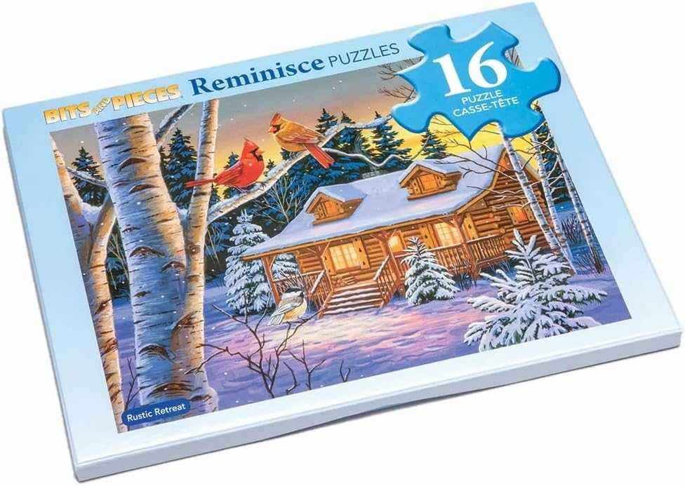 Large piece puzzle featuring a winter cabin scene with cardinals in a snowy forest