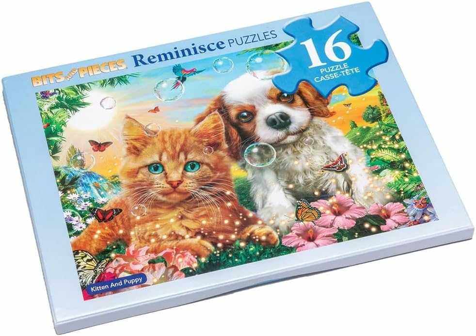 Large piece puzzle featuring a kitten and puppy in a garden setting