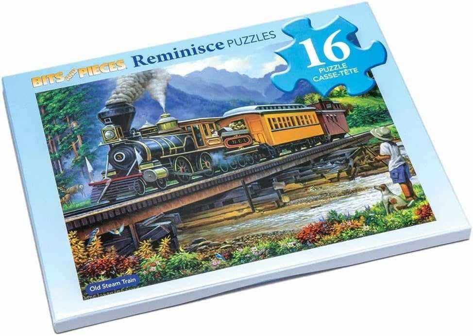 Large piece puzzle featuring an old steam train crossing a bridge