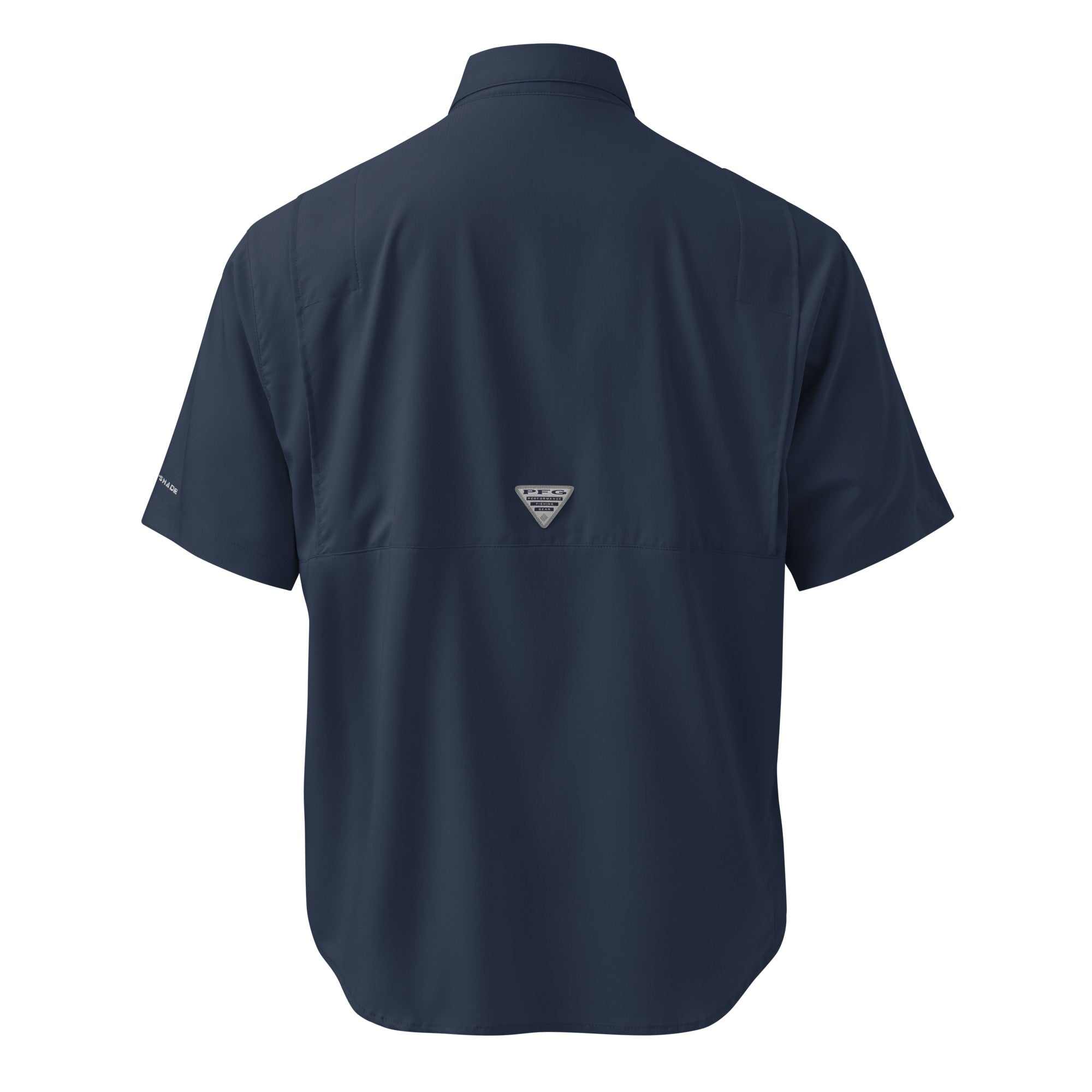 Men's Columbia short sleeve button shirt with Alzheimer's Awareness embroidery in collegiate navy, featuring embroidered design on front.